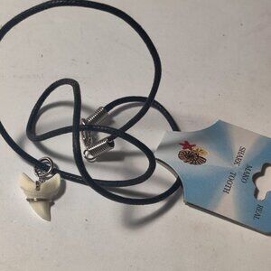 Real Mako Sharks Tooth on a black paracord cord, silver wired secure attachment